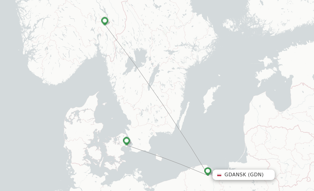 Route map with flights from Gdansk with SAS
