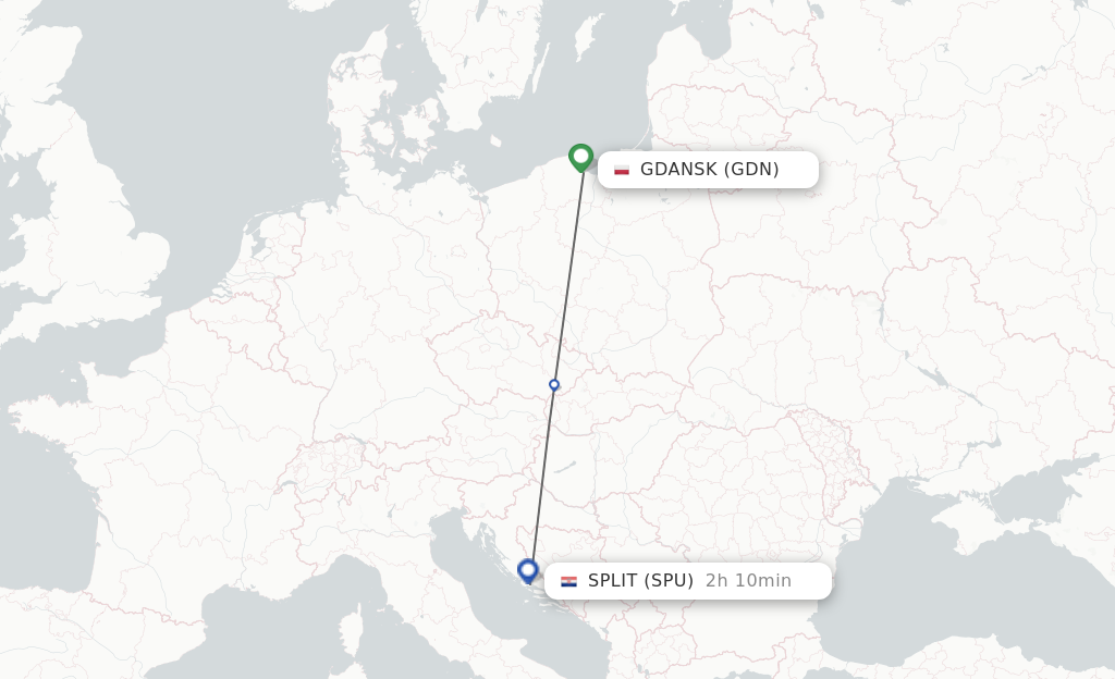 Flights from Gdansk to Split route map