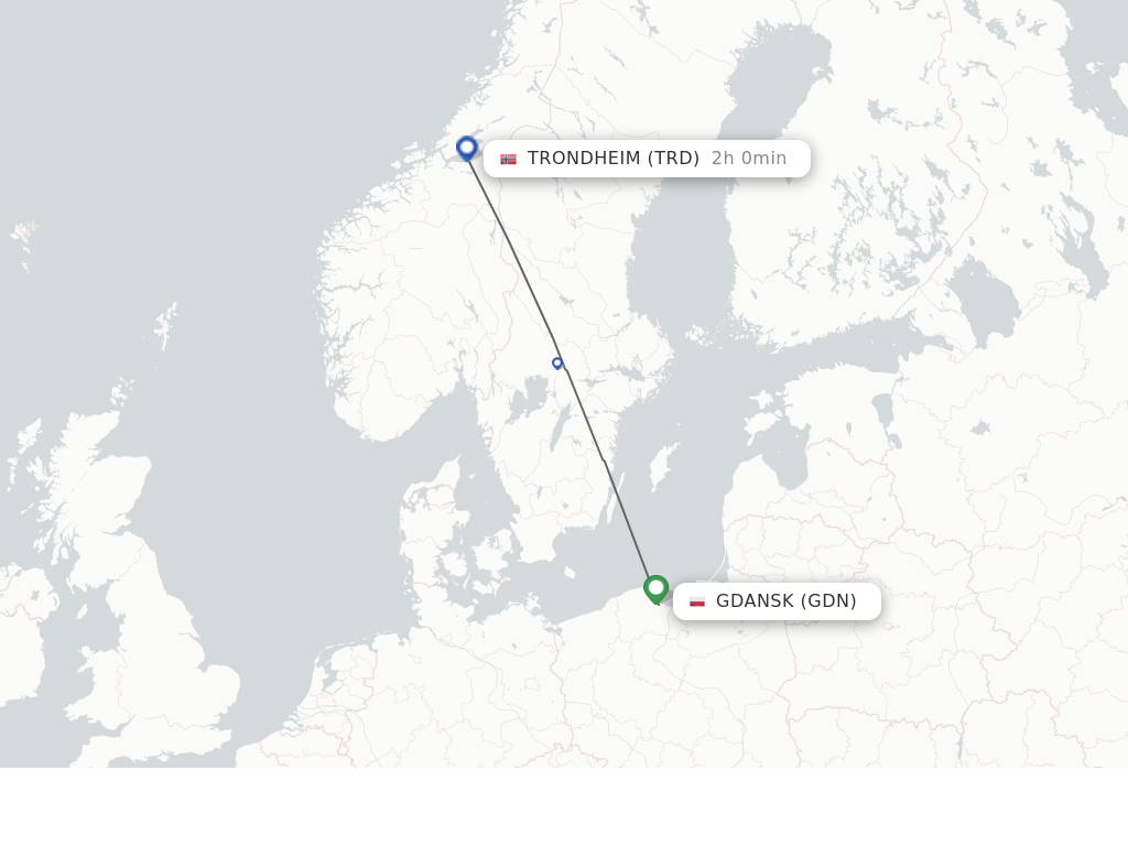 Flights from Gdansk to Trondheim route map