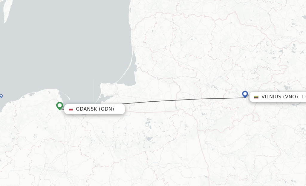 Flights from Gdansk to Vilnius route map