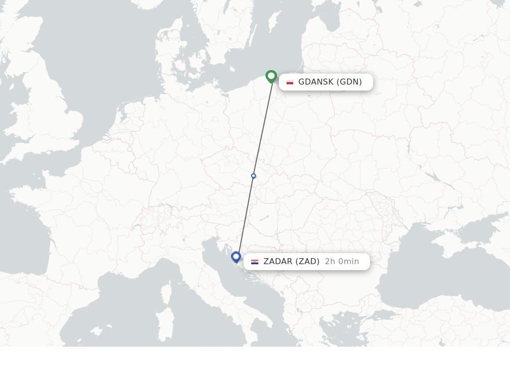 Flights from Zadar to Gdansk route map