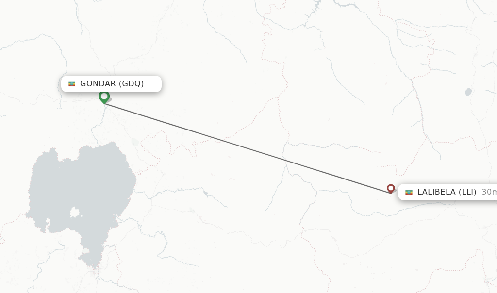 Flights from Gondar to Lalibela route map