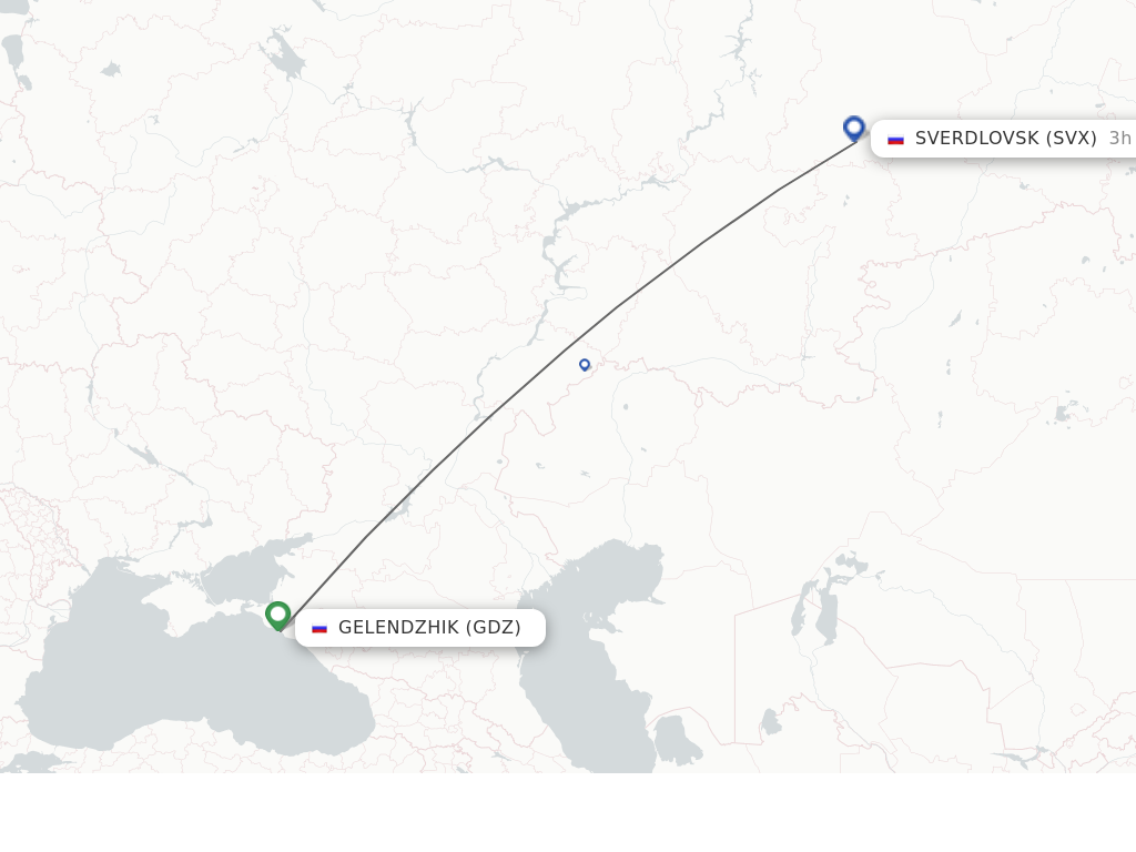 Flights from Yekaterinburg to Gelendzik route map