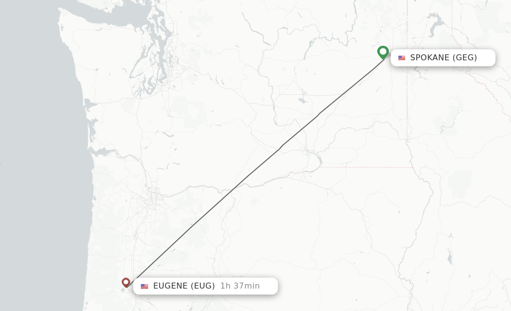 Flights from Spokane to Eugene route map