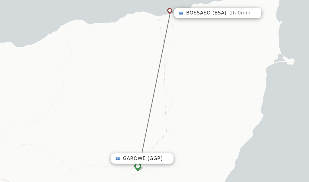 Flights from Garowe to Bossaso route map