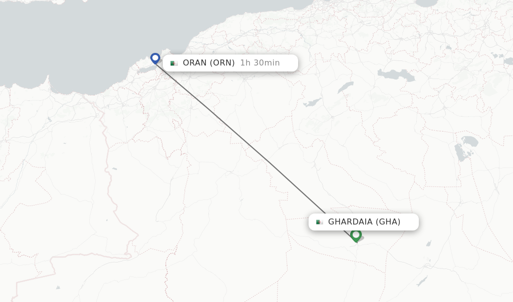 Flights from Ghardaia to Oran route map