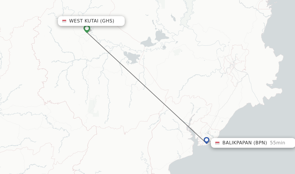 Flights from Balikpapan to West Kutai route map