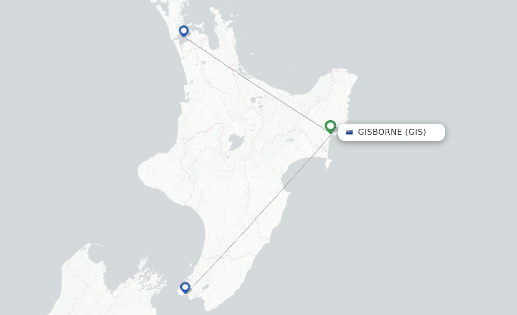 Route map with flights from Gisborne with Air New Zealand