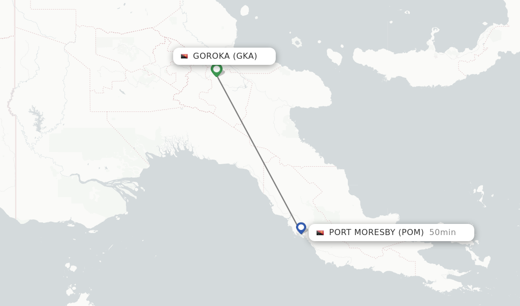 Flights from Goroka to Port Moresby route map