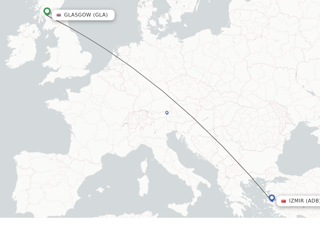 Flights from Glasgow to Izmir route map