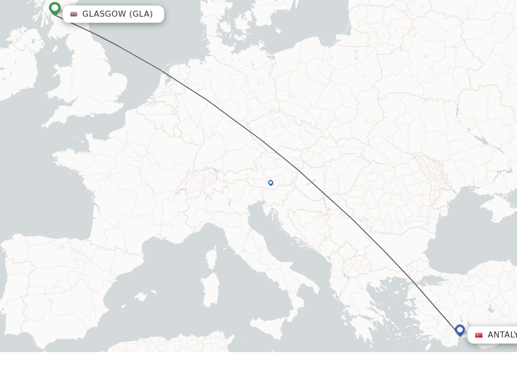 Flights from Glasgow to Antalya route map