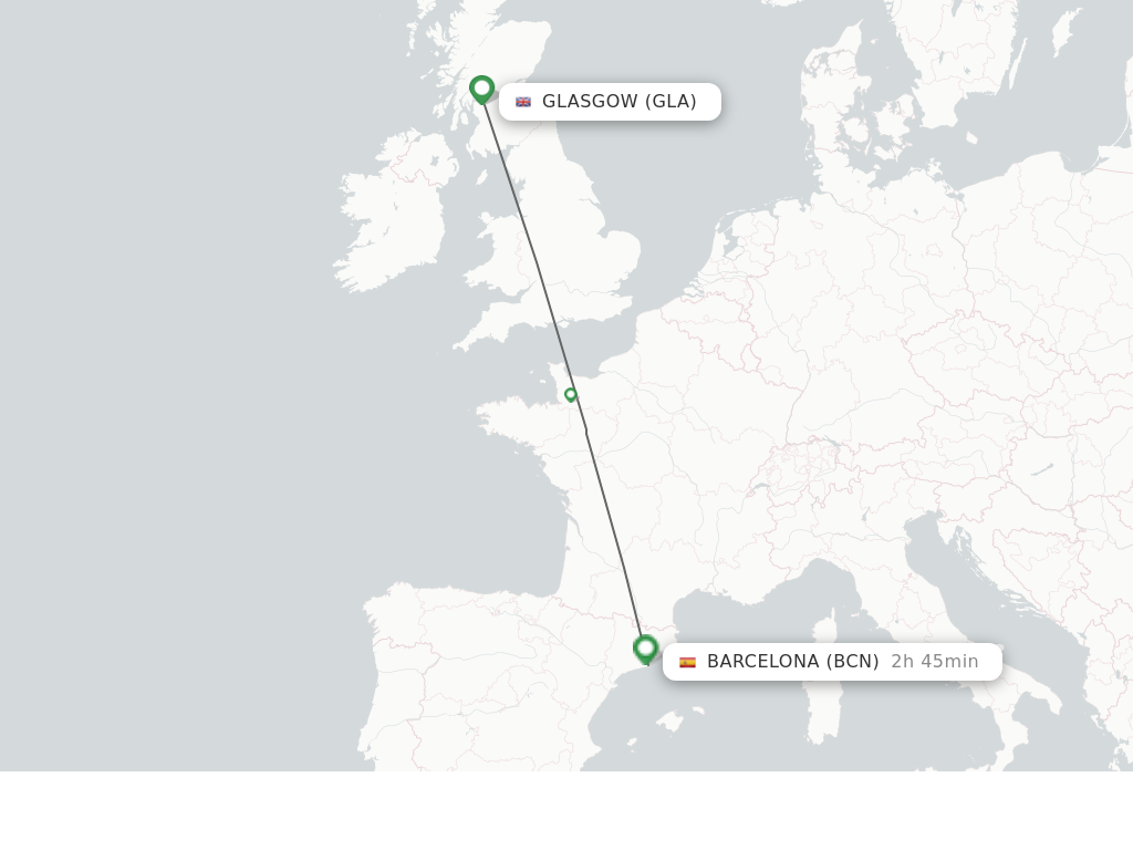 Flights from Glasgow to Barcelona route map