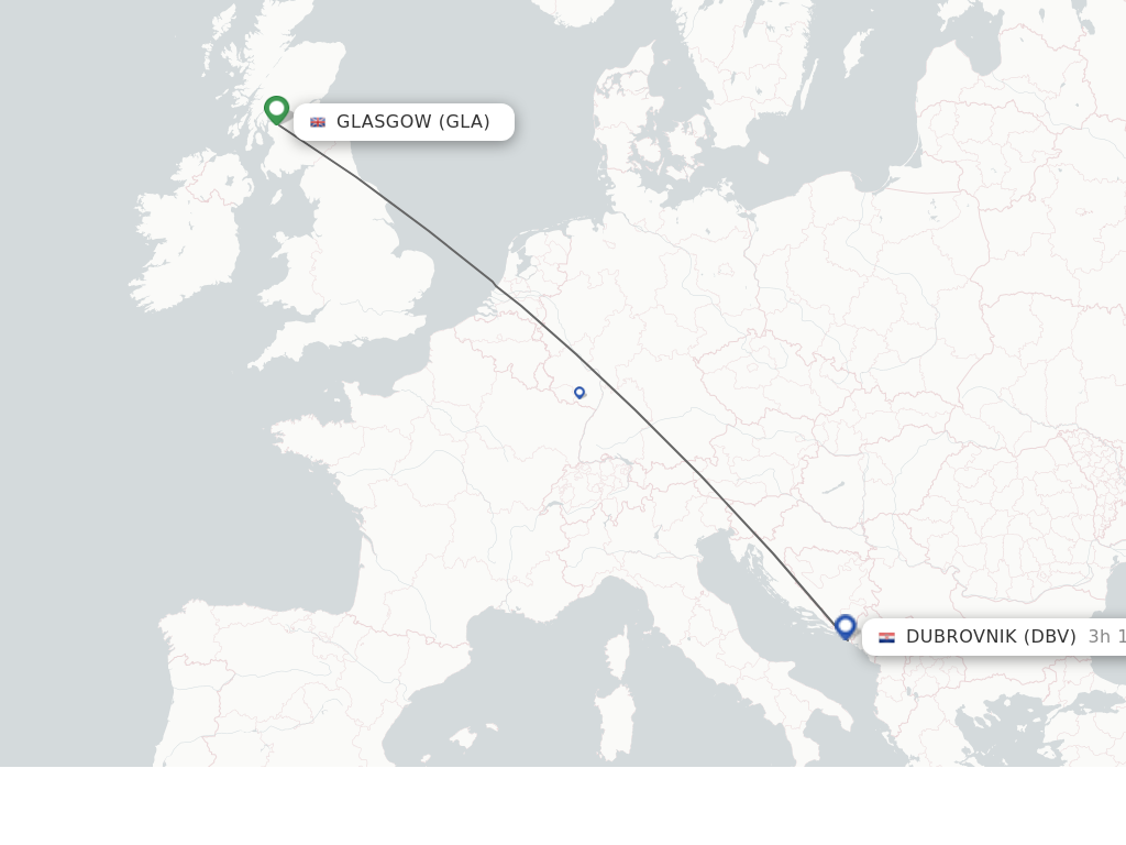 Flights from Glasgow to Dubrovnik route map
