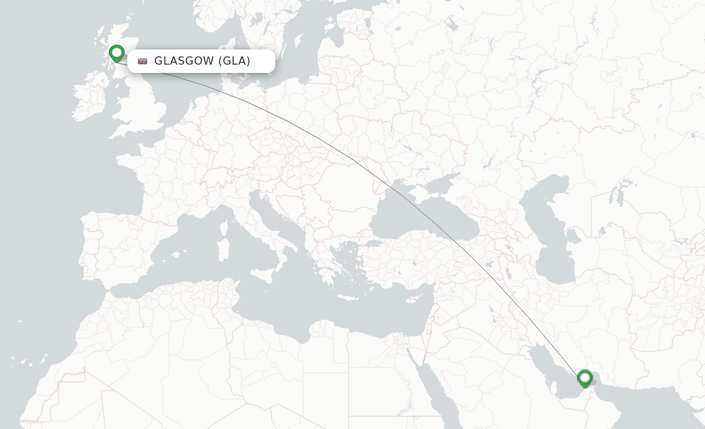 Route map with flights from Glasgow with Emirates