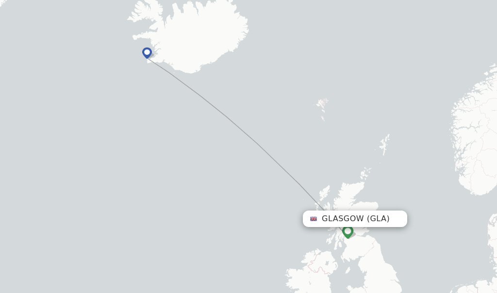 Route map with flights from Glasgow with Icelandair