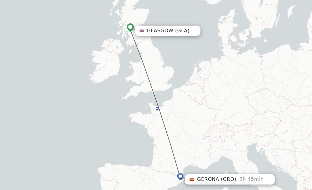 Flights from Glasgow to Girona route map