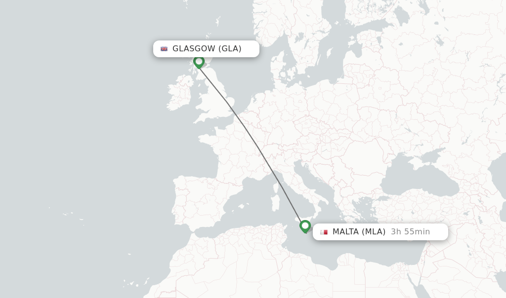 Flights from Glasgow to Malta route map