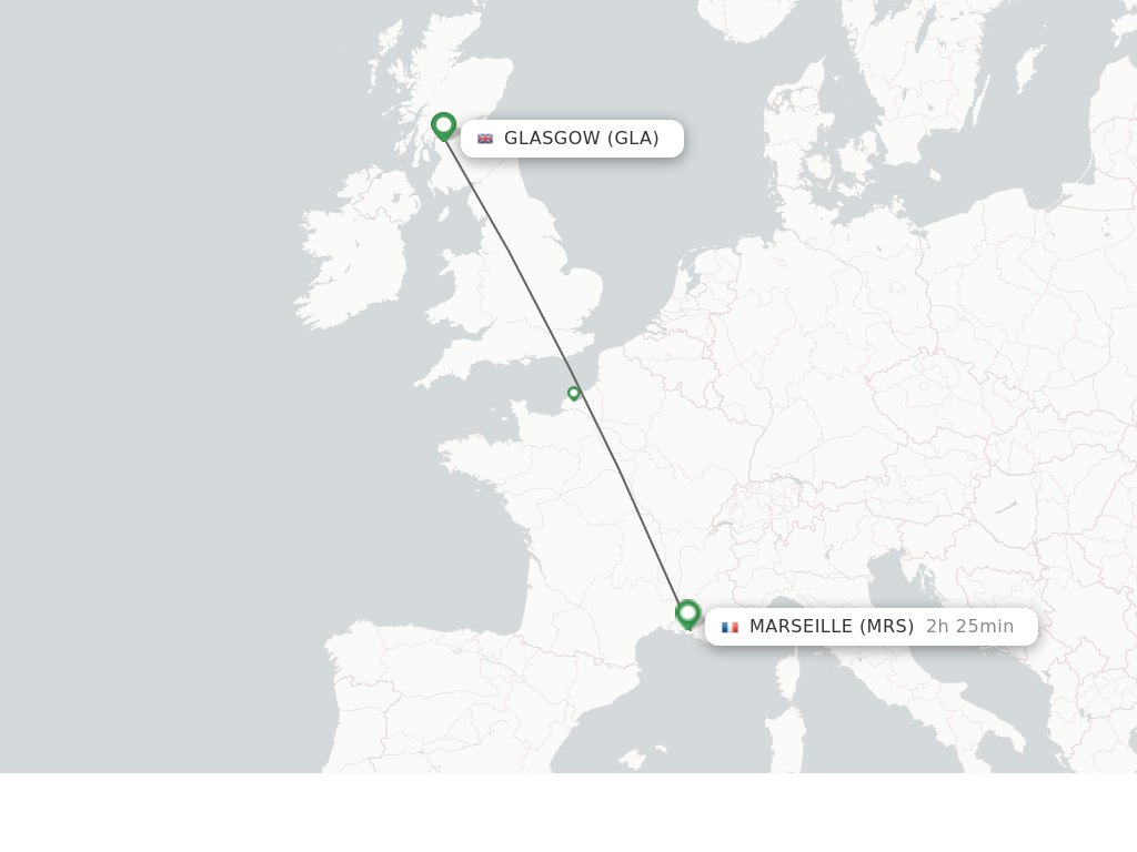 Flights from Marseille to Glasgow route map