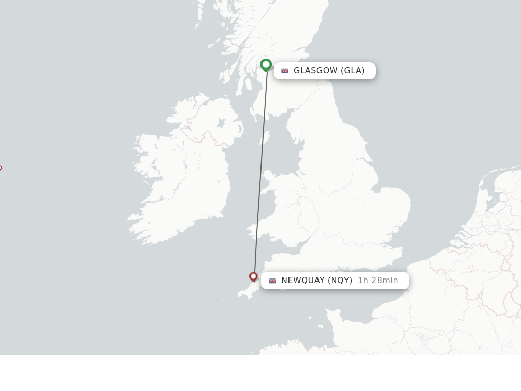 Flights from Newquay to Glasgow route map