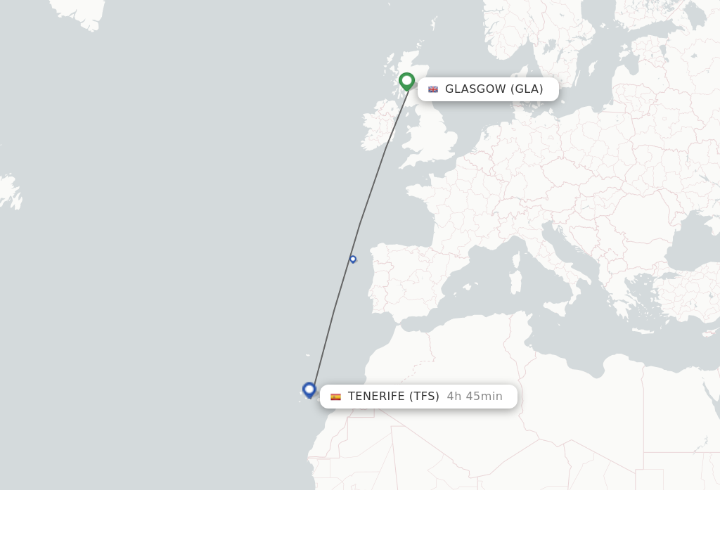 Flights from Tenerife to Glasgow route map