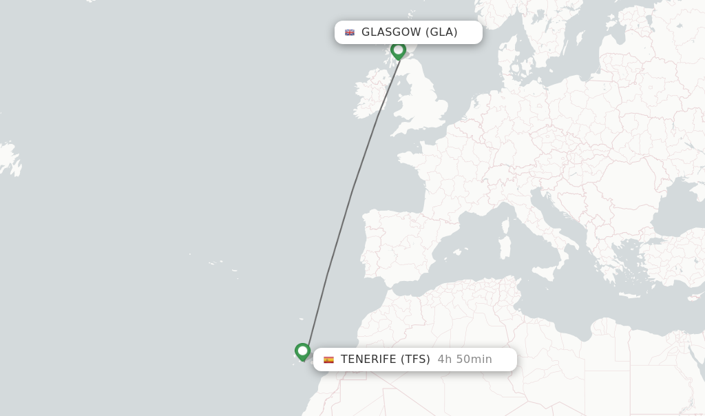 Flights from Glasgow to Tenerife route map