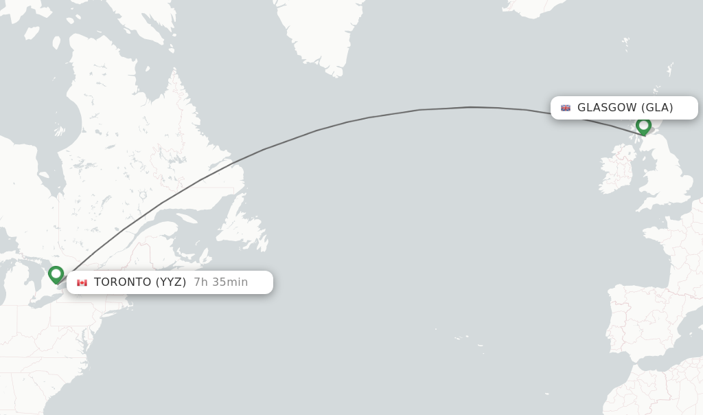 Flights from Glasgow to Toronto route map
