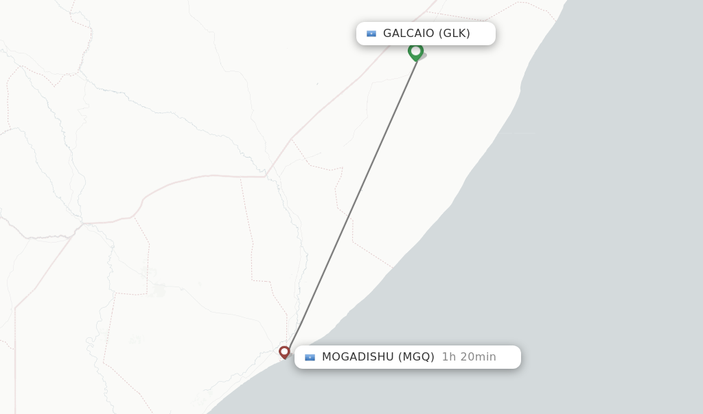 Flights from Mogadishu to Galcaio route map