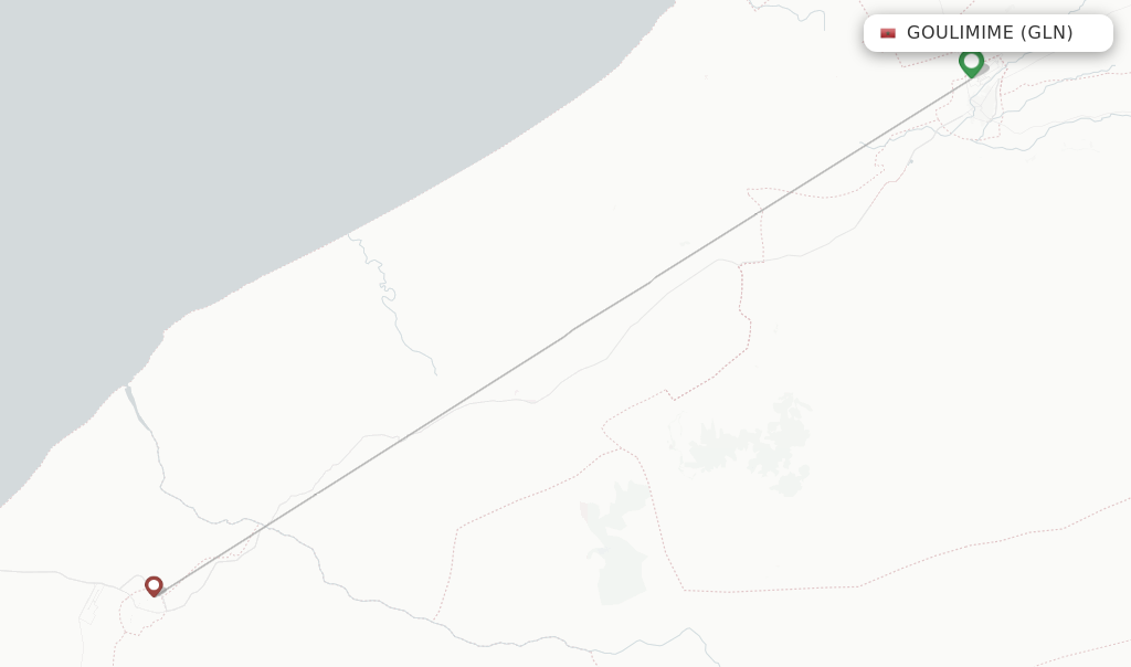 Route map with flights from Goulimime with Royal Air Maroc