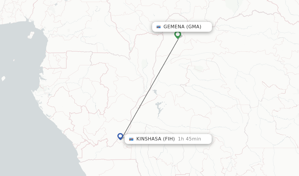 Flights from Gemena to Kinshasa route map