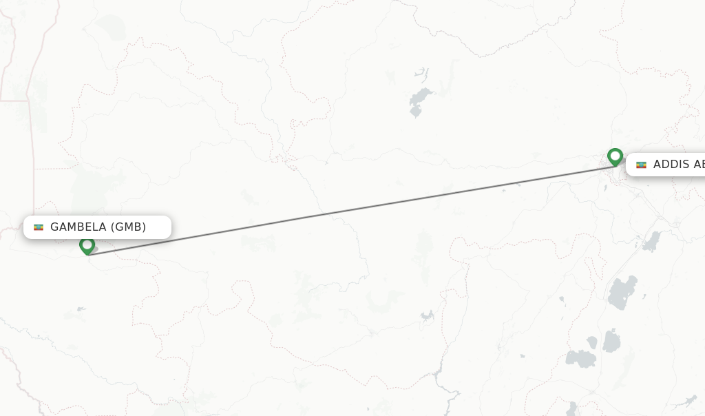 Flights from Gambela to Addis Ababa route map