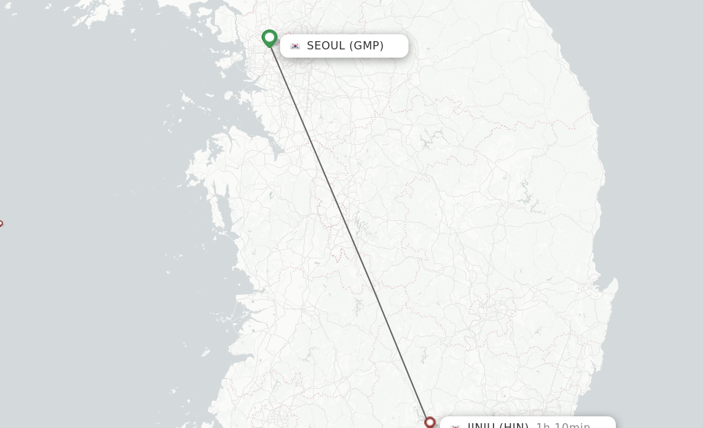 Flights from Seoul to Jinju route map