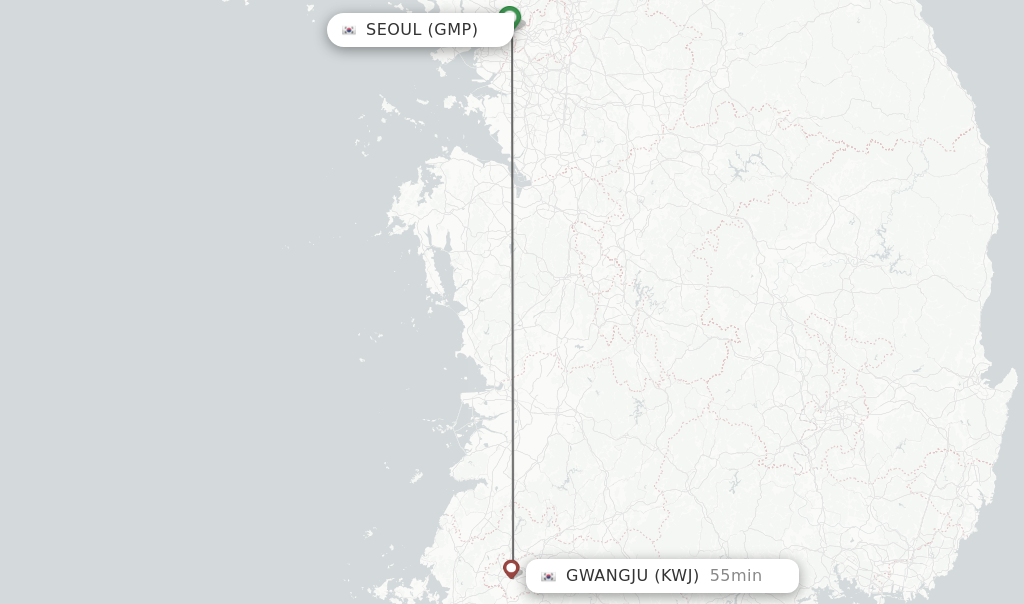 Flights from Seoul to Gwangju route map