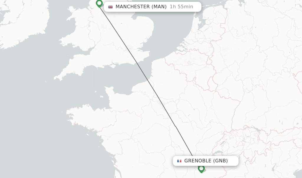 Flights from Grenoble to Manchester route map