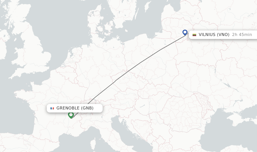 Flights from Grenoble to Vilnius route map
