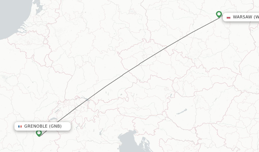 Flights from Grenoble to Warsaw route map