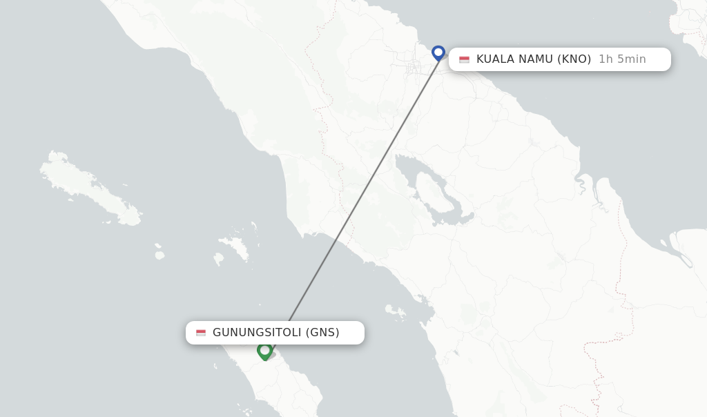 Flights from Gunungsitoli to Kuala Namu route map