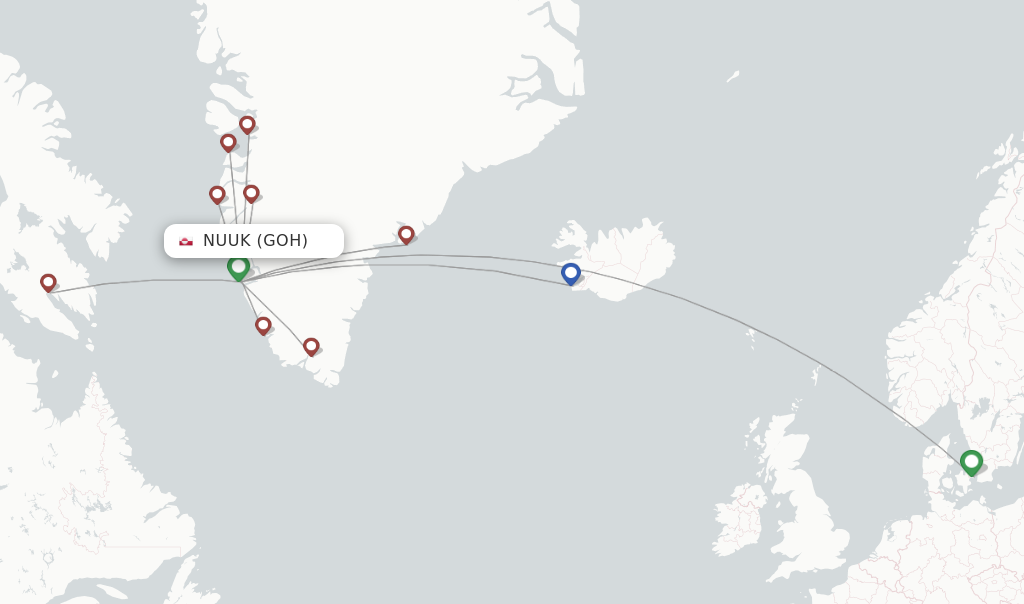 Route map with flights from Nuuk with Air Greenland