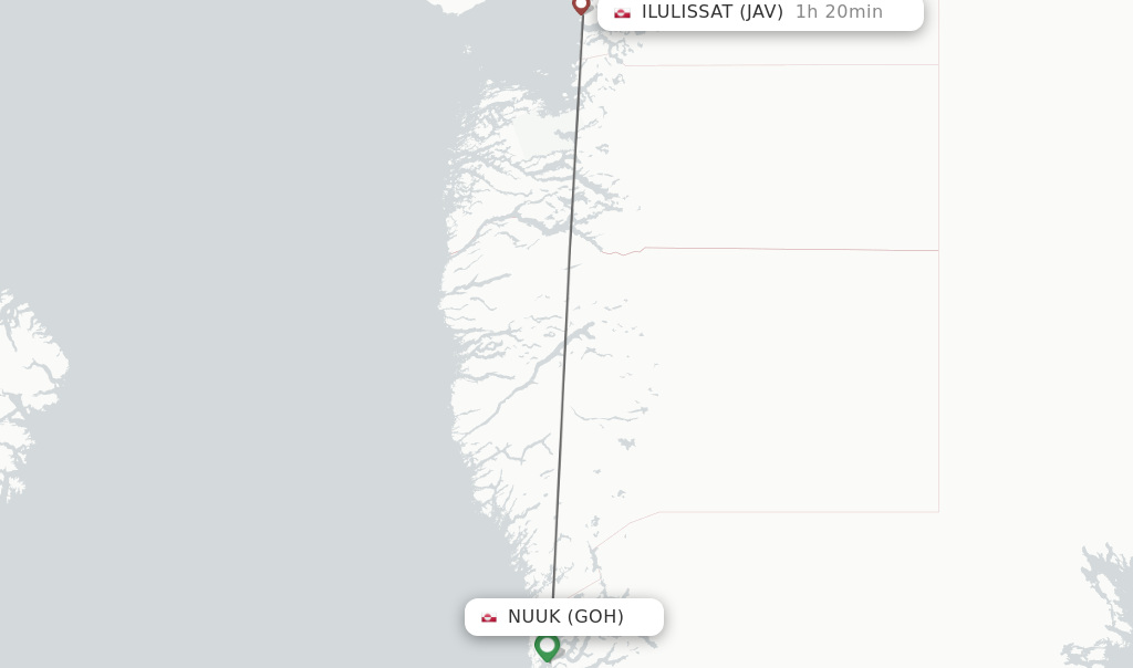 Flights from Nuuk to Ilulissat route map