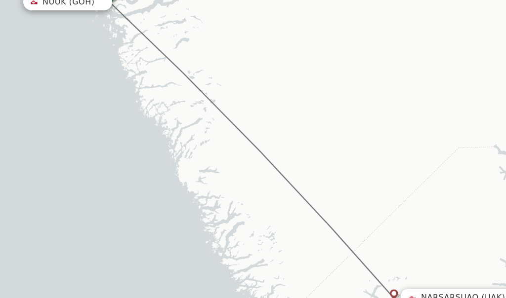 Flights from Nuuk to Narsarsuaq route map