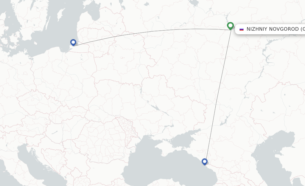 Route map with flights from Nizhniy Novgorod with Nordwind Airlines