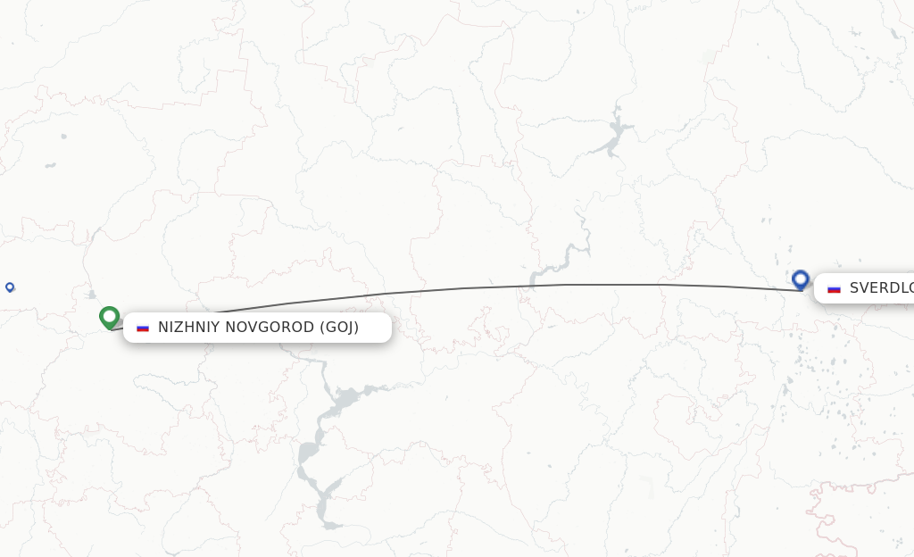 Flights from Nizhniy Novgorod to Yekaterinburg route map