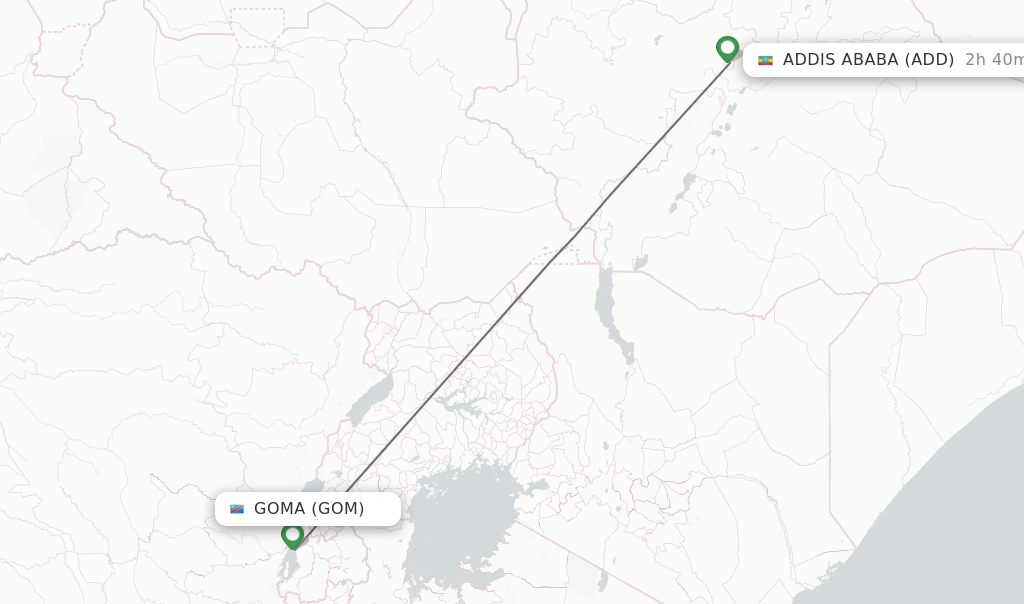 Flights from Goma to Addis Ababa route map