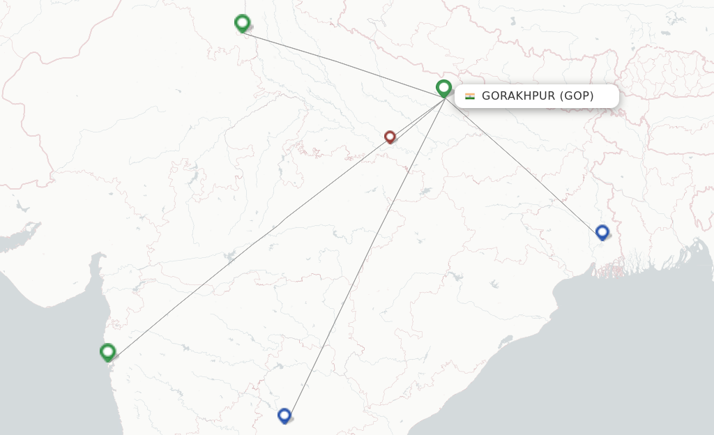 Route map with flights from Gorakhpur with IndiGo