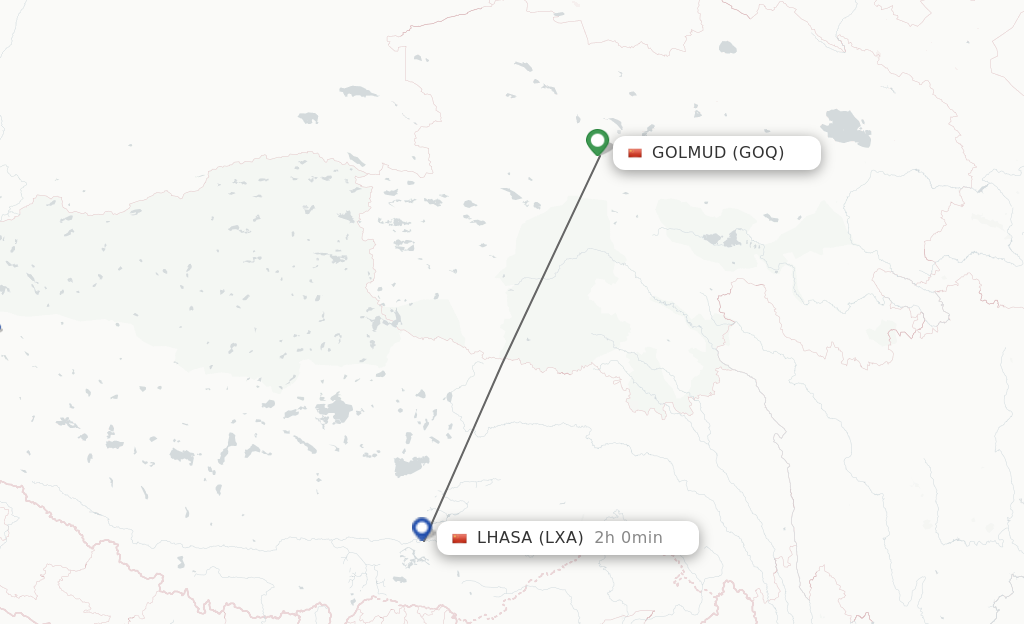 Flights from Golmud to Lhasa route map