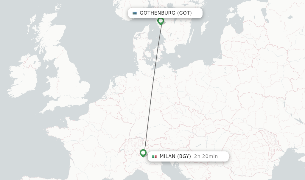 Flights from Gothenburg to Milan route map