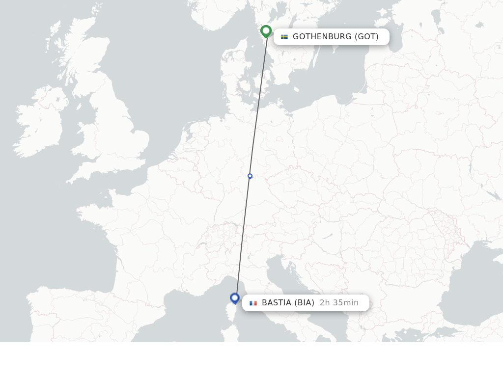 Flights from Gothenburg to Bastia route map