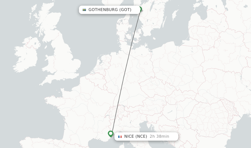 Flights from Gothenburg to Nice route map
