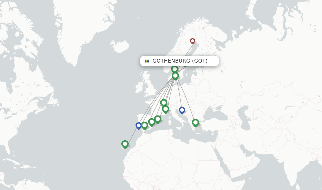 Route map with flights from Gothenburg with SAS