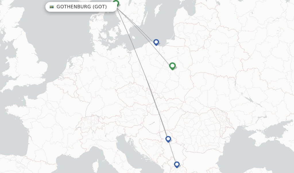 Route map with flights from Gothenburg with Wizz Air