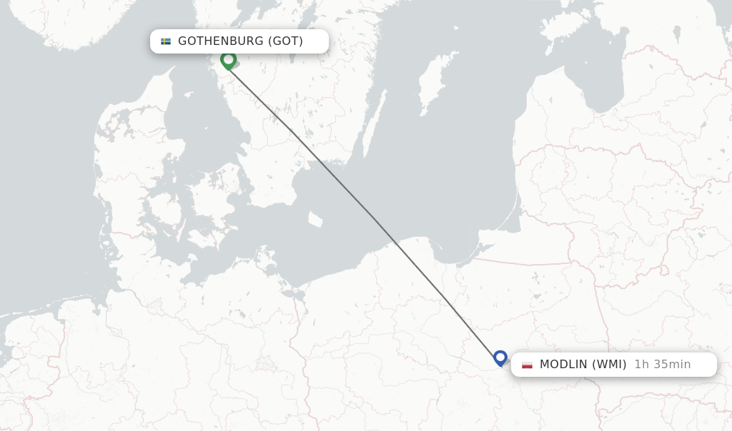 Flights from Gothenburg to Modlin route map